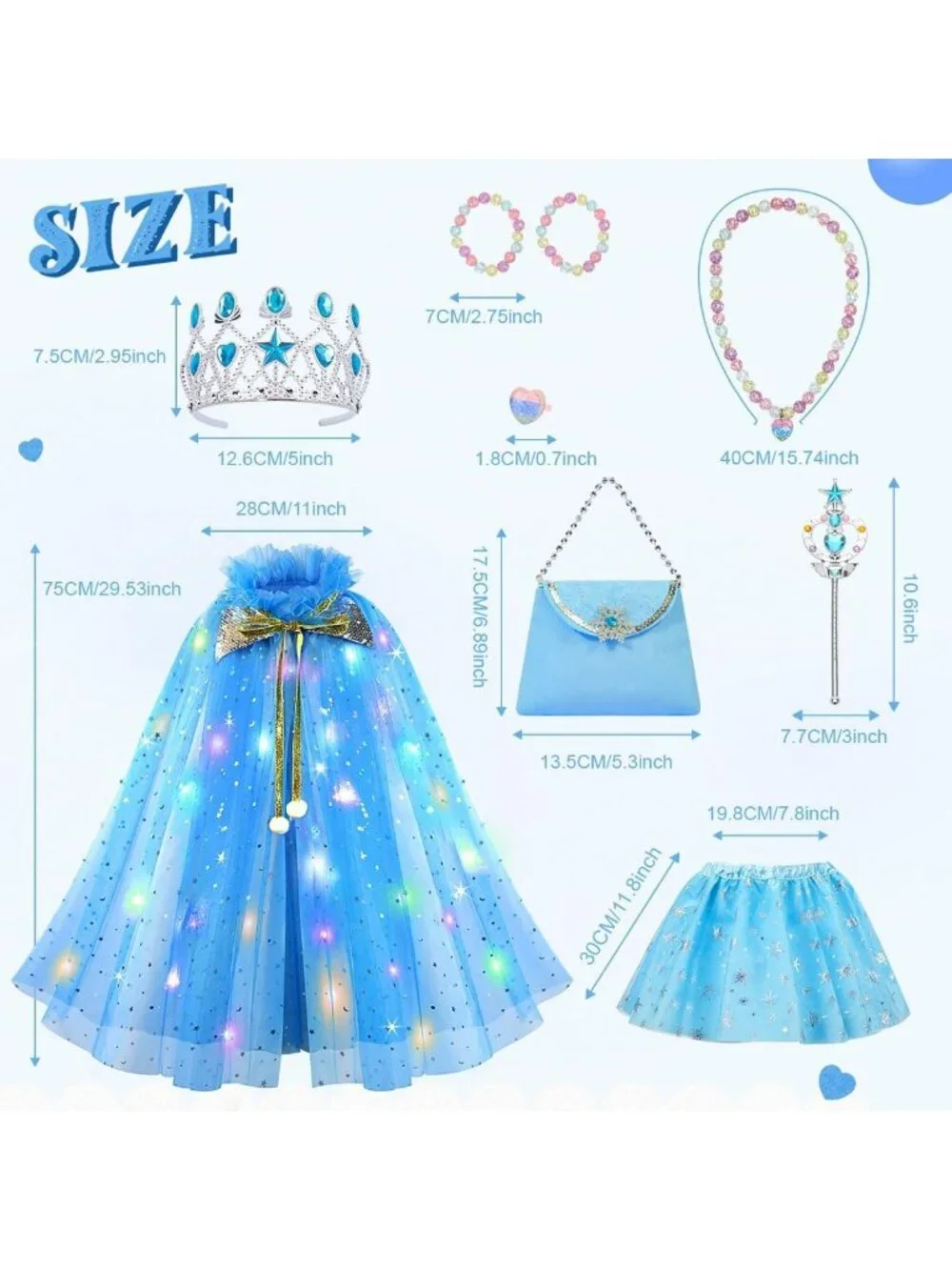 Princess Dress Up Cape with Crown & Tutu Costume Set for Girls Ages 3-8-Sky Blue
